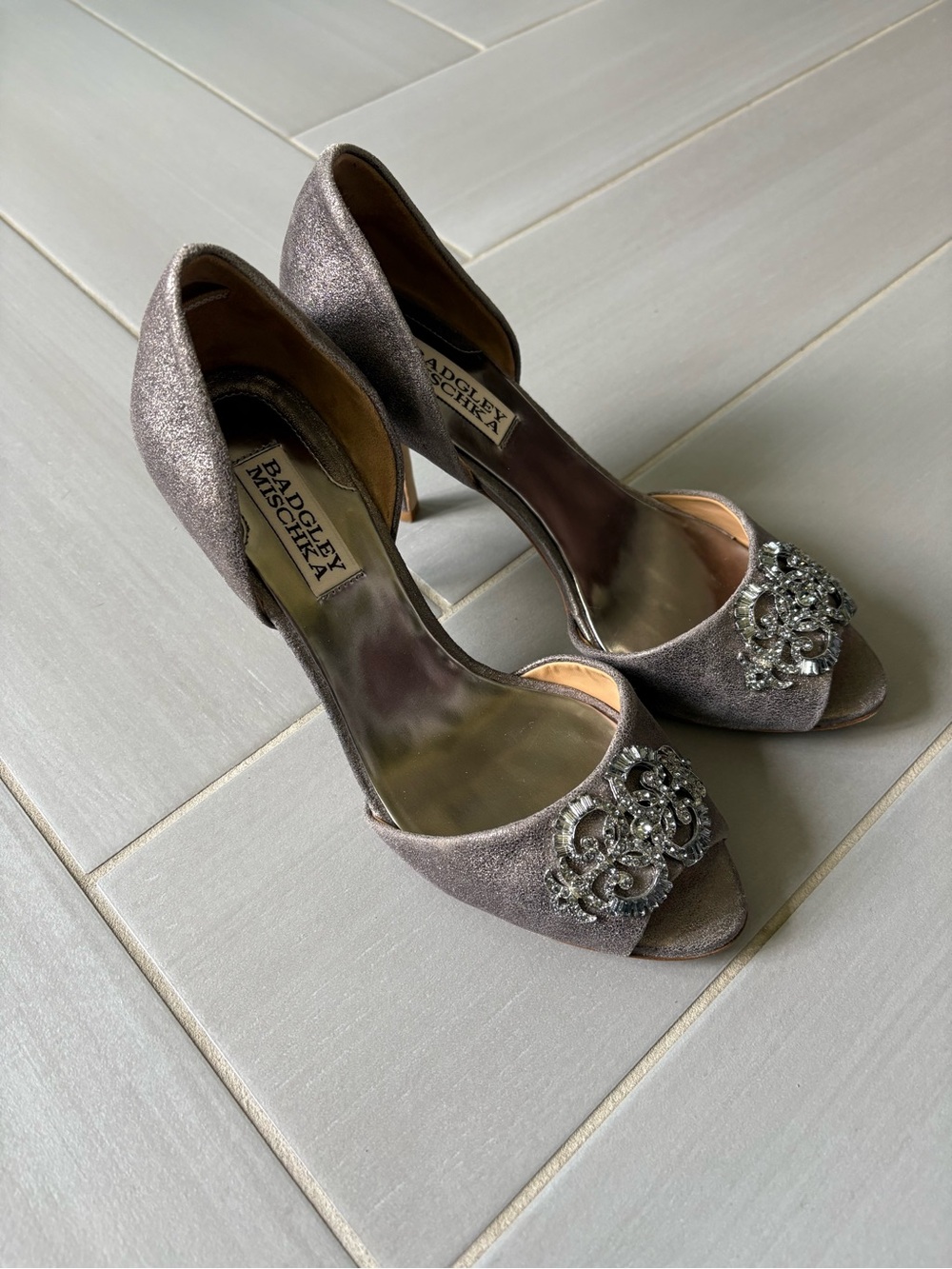 Badgley Mischka Pewter Glitter Open-Toe D'Orsay Heels with Crystal Brooch